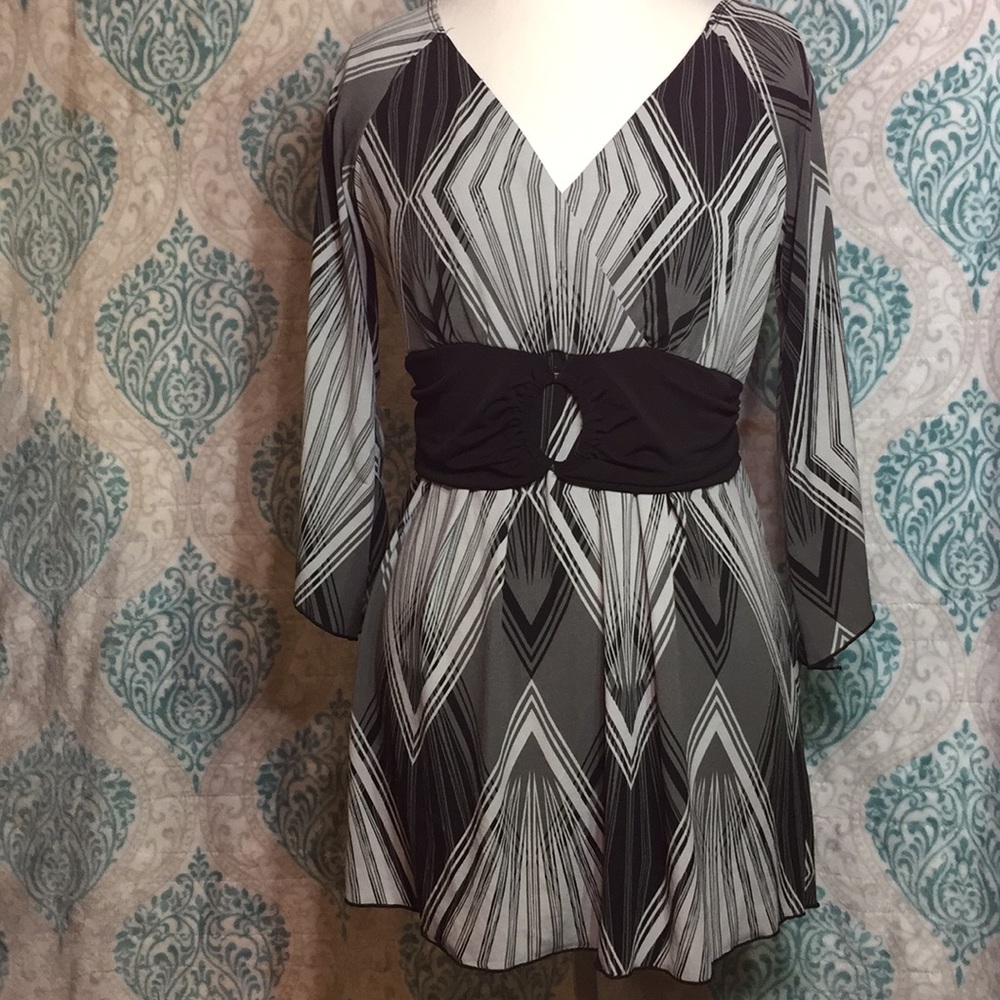 Grey and Black Geometric Print Long Sleeve Top